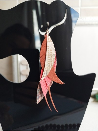 coral orange brown leather feather earrings.  