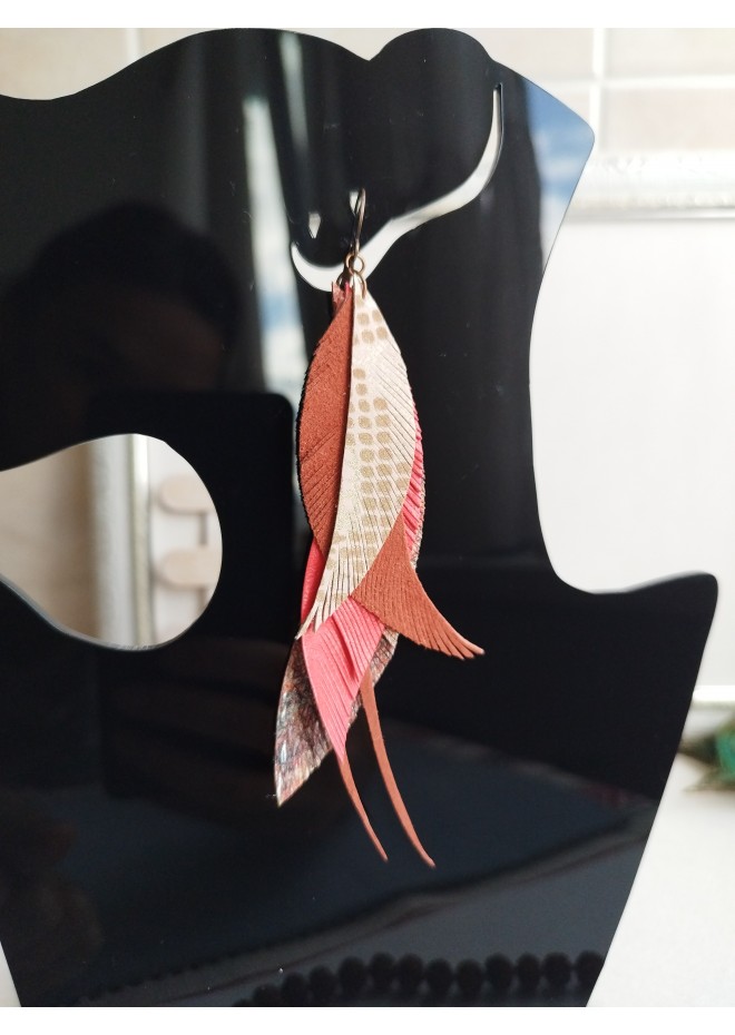 long leather feather earrings genuine leather jewelry metallic gray