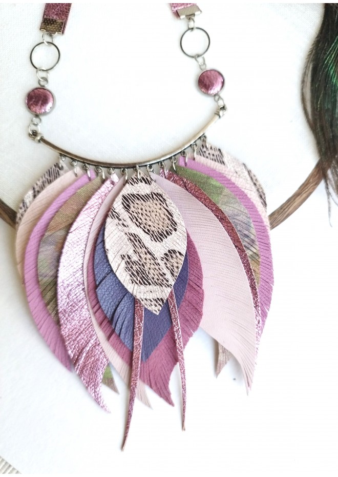 beige sand leather feather necklace