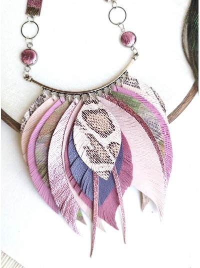 Soft lilac metallic pink leather feather necklace, bib evening jewelry 
