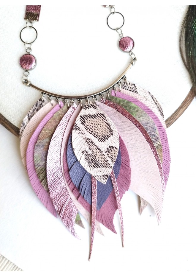 beige sand leather feather necklace