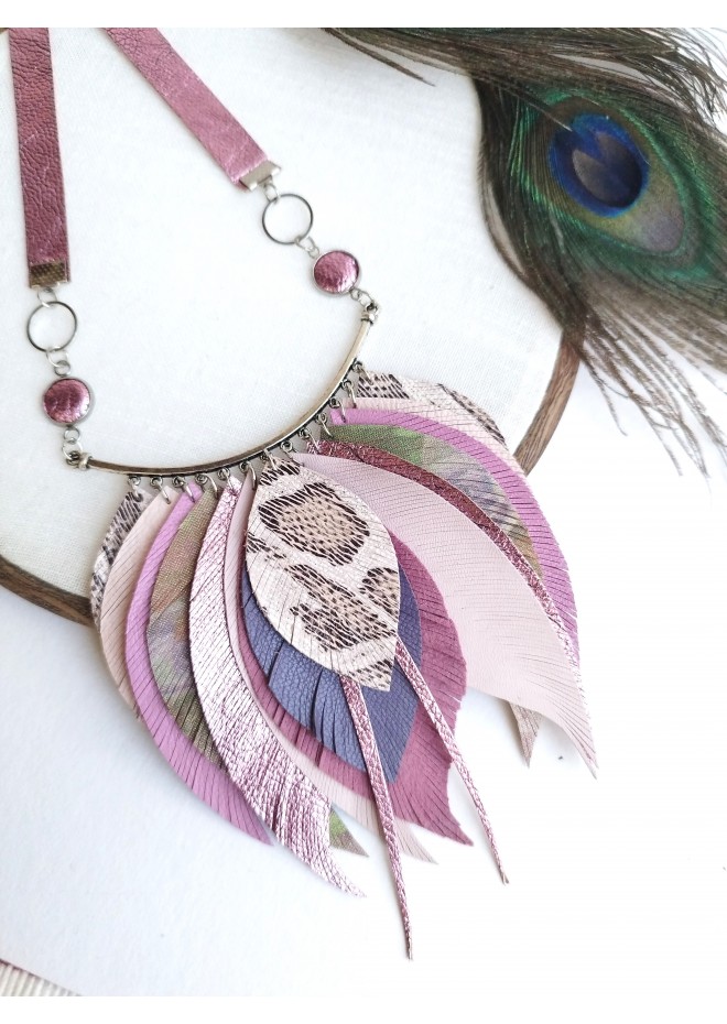 beige sand leather feather necklace