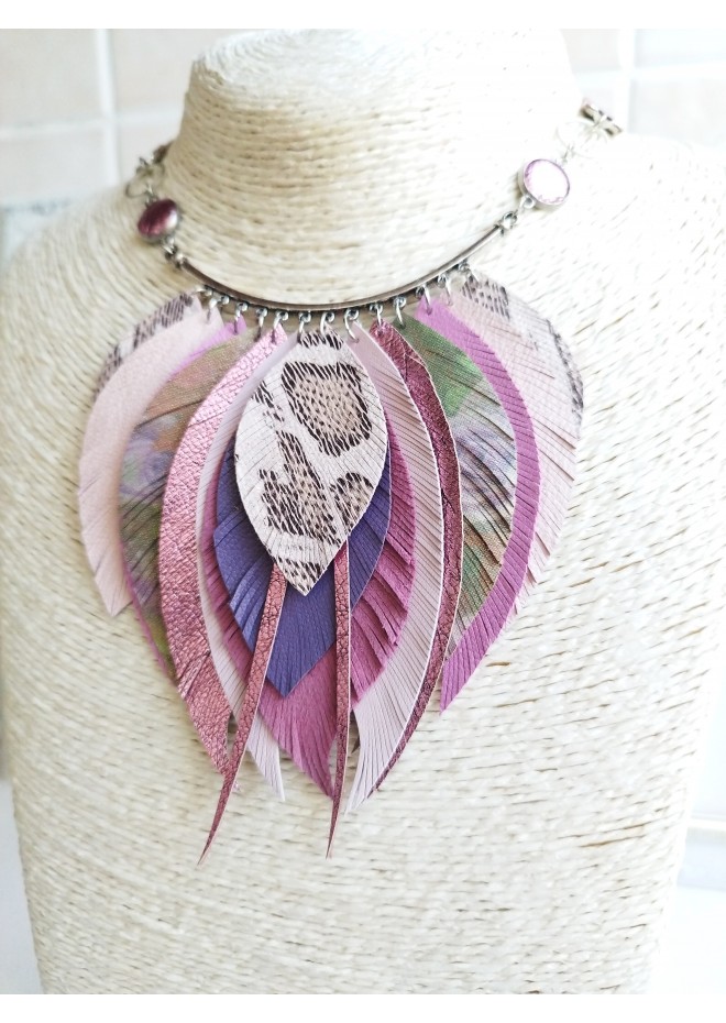 beige sand leather feather necklace