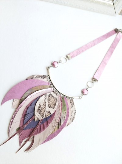 Soft lilac metallic pink leather feather necklace, bib evening jewelry 