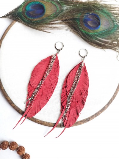 Soft red suede earrings with chain leather feather earrings.