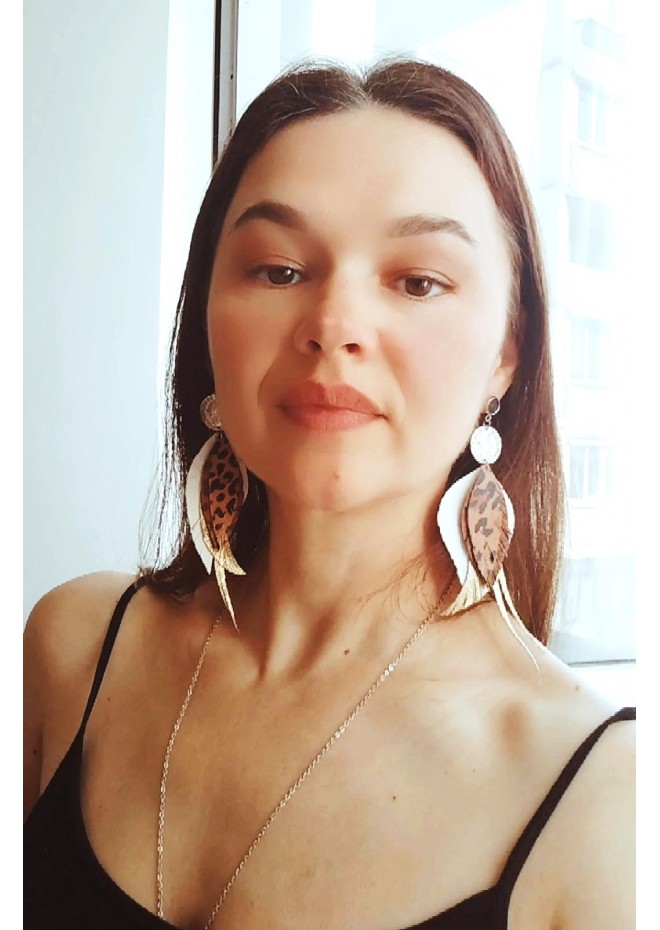 white brown leather feather earrings brass flower connector , genuine leather jewelry 