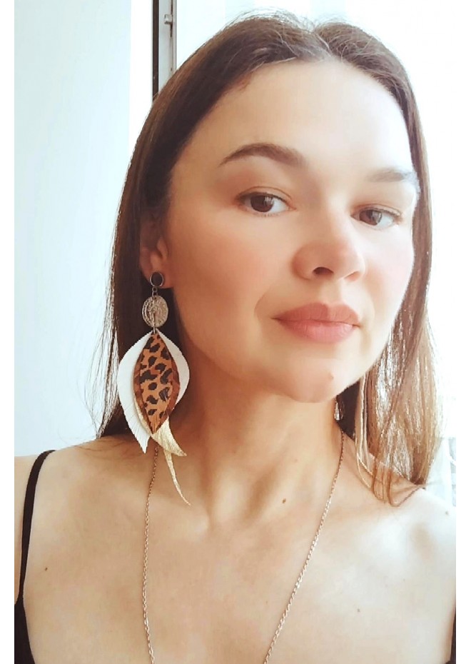 white brown leather feather earrings brass flower connector , genuine leather jewelry 