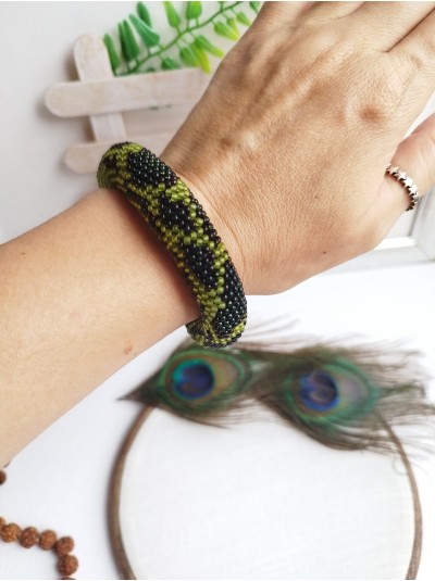 olive green snake print beaded bracelet, chunky handmade bracelet 