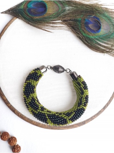 olive green snake print beaded bracelet, chunky handmade bracelet 