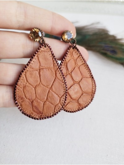 Brown leather earrings Dangle & Drop. Teardrop Leather Earrings