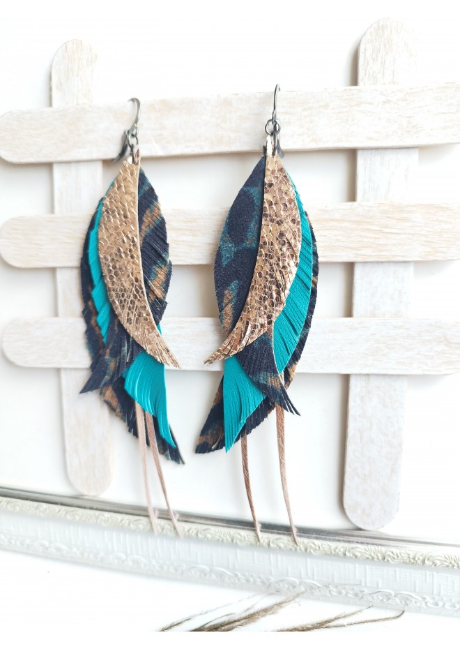 long leather feather earrings genuine leather jewelry animalprint 