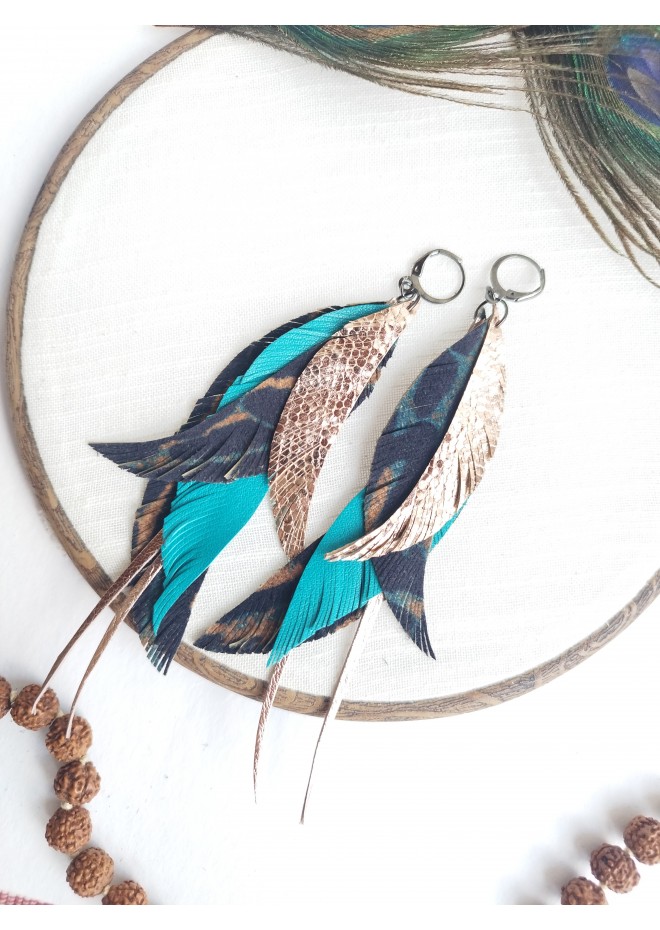 long leather feather earrings genuine leather jewelry animalprint 