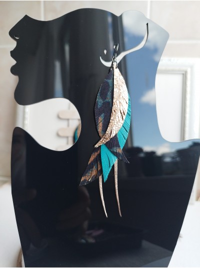 rose gold animal print leather feather earrings.  