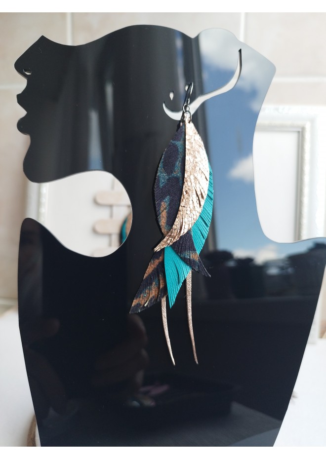 long leather feather earrings genuine leather jewelry animalprint 