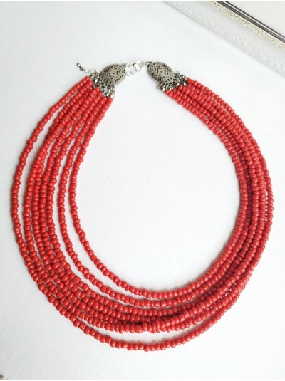 red multi strand  beaded necklace, traditional Ukraine jewelry , ethnic  handmade necklace