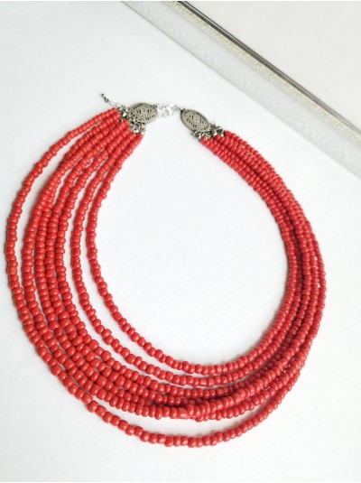 red multi strand  beaded necklace, traditional Ukraine jewelry , ethnic  handmade necklace