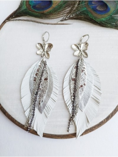 white silver leather feather earrings with chain. 