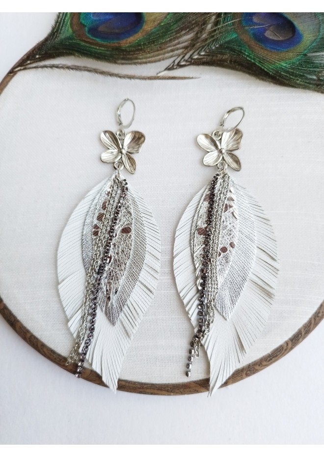 leather feather earrings white  flower connector , genuine leather jewelry 