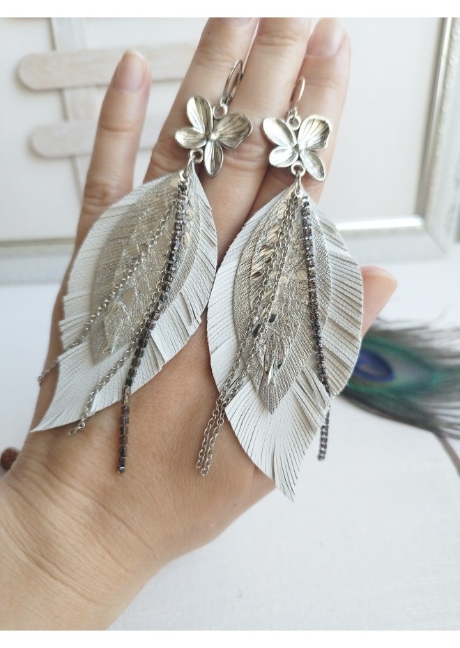 leather feather earrings white  flower connector , genuine leather jewelry 