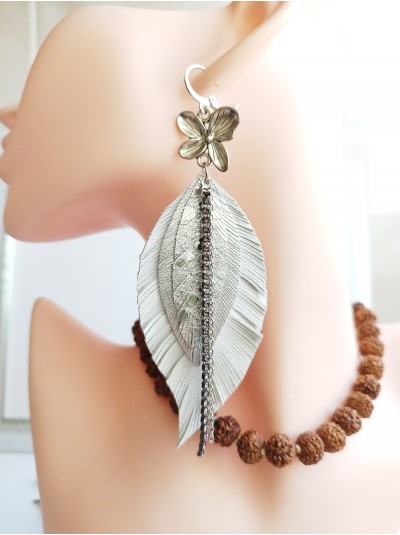 white silver leather feather earrings with chain. 