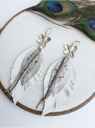 white silver leather feather earrings with chain. 