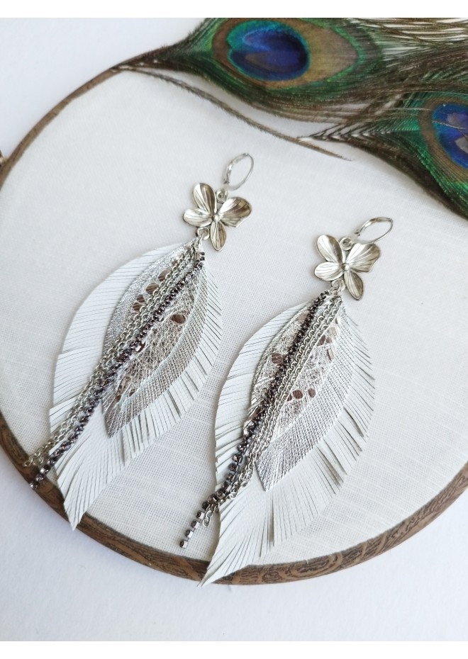 leather feather earrings white  flower connector , genuine leather jewelry 