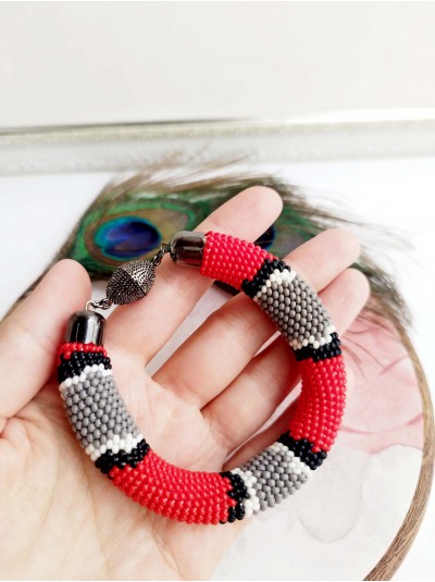 snake print red gray beaded bracelet, chunky handmade bracelet 