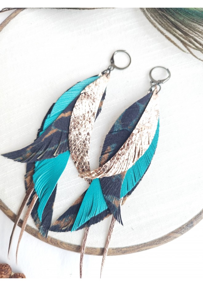 long leather feather earrings genuine leather jewelry animalprint 