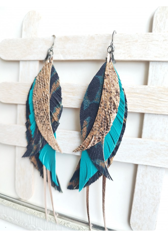 long leather feather earrings genuine leather jewelry animalprint 