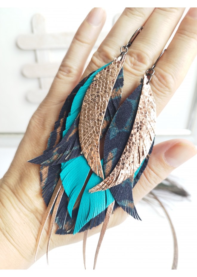 long leather feather earrings genuine leather jewelry animalprint 