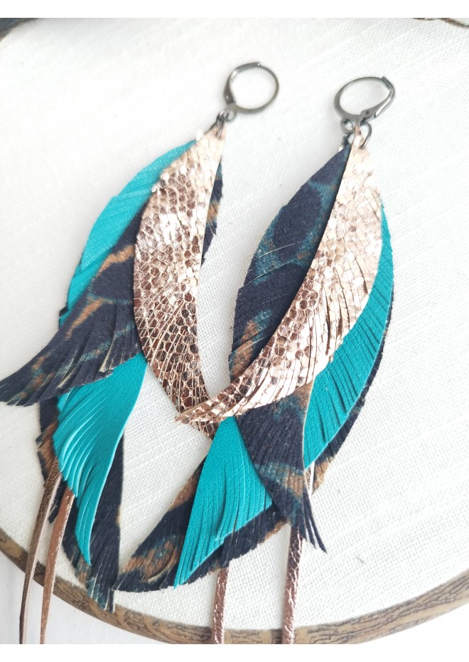long leather feather earrings genuine leather jewelry animalprint 