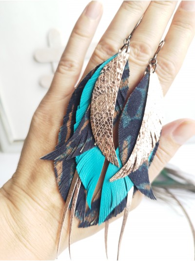 rose gold animal print leather feather earrings.  