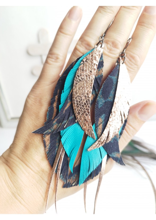long leather feather earrings genuine leather jewelry animalprint 