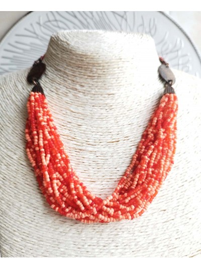 Coral orange multi strand  beaded necklace, ethnic  handmade necklace