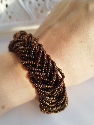 gold brown braided beaded bracelet, chunky handmade bracelet 