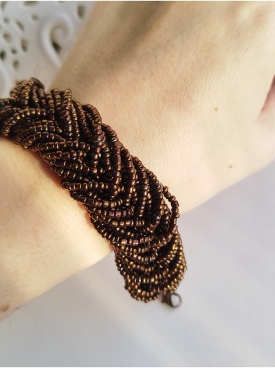 gold brown braided beaded bracelet, chunky handmade bracelet 