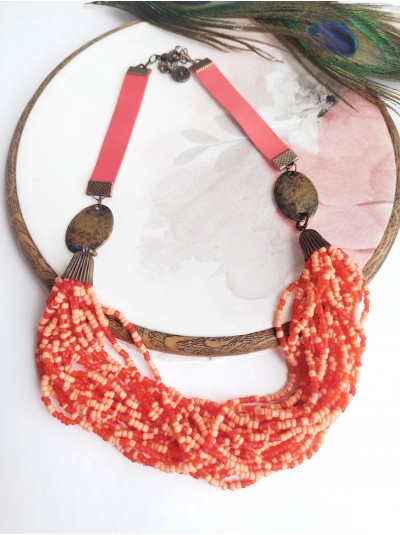 Coral orange multi strand  beaded necklace, ethnic  handmade necklace