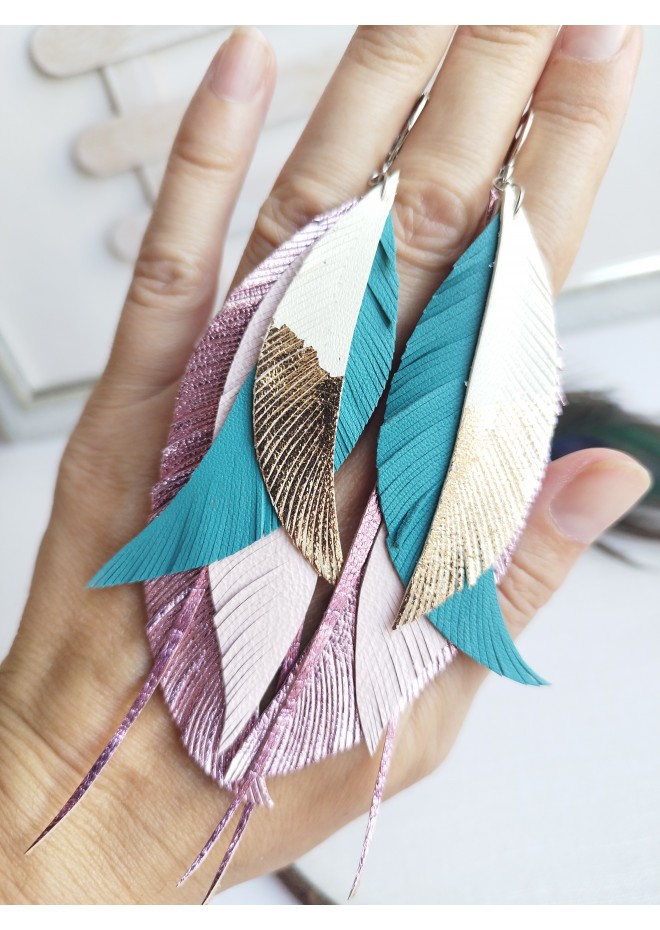 long leather feather earrings genuine leather jewelry animalprint 