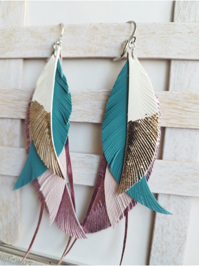 rose gold pink print leather feather earrings.  