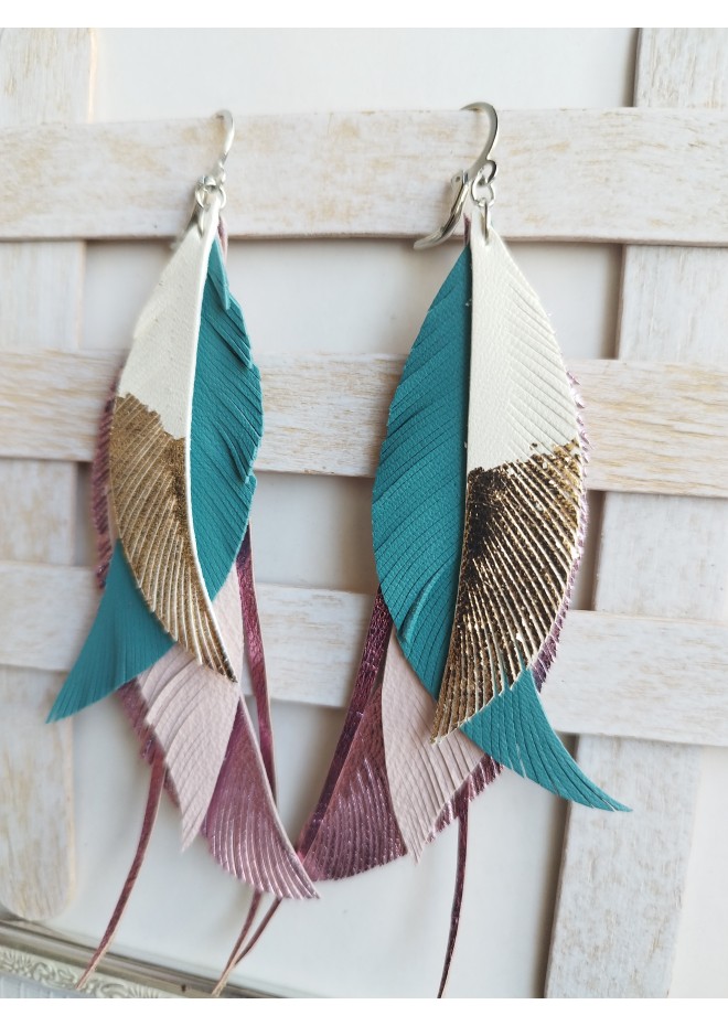 long leather feather earrings genuine leather jewelry animalprint 
