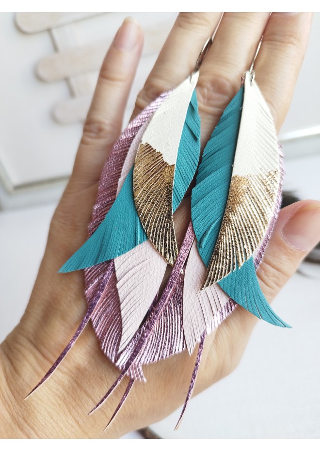 long leather feather earrings genuine leather jewelry animalprint 