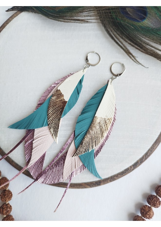long leather feather earrings genuine leather jewelry animalprint 