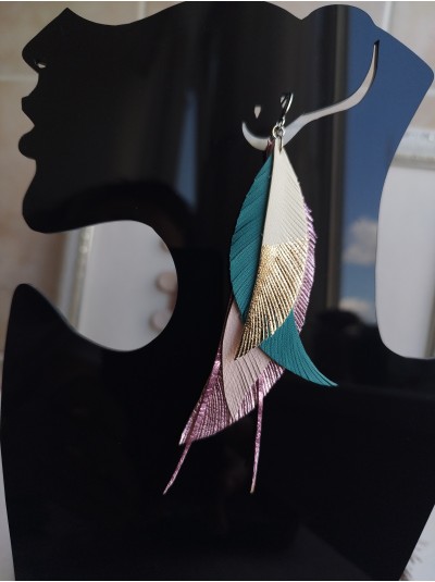 rose gold pink print leather feather earrings.  