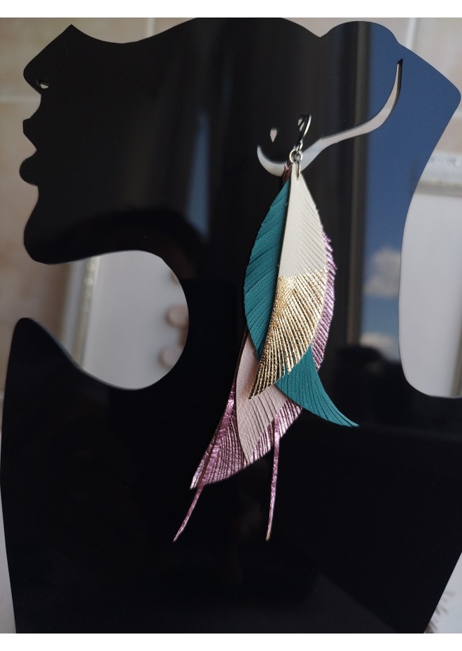 long leather feather earrings genuine leather jewelry animalprint 