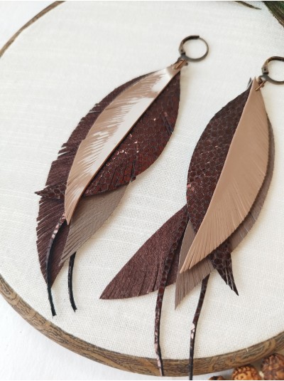 warm brown leather feather earrings.  
