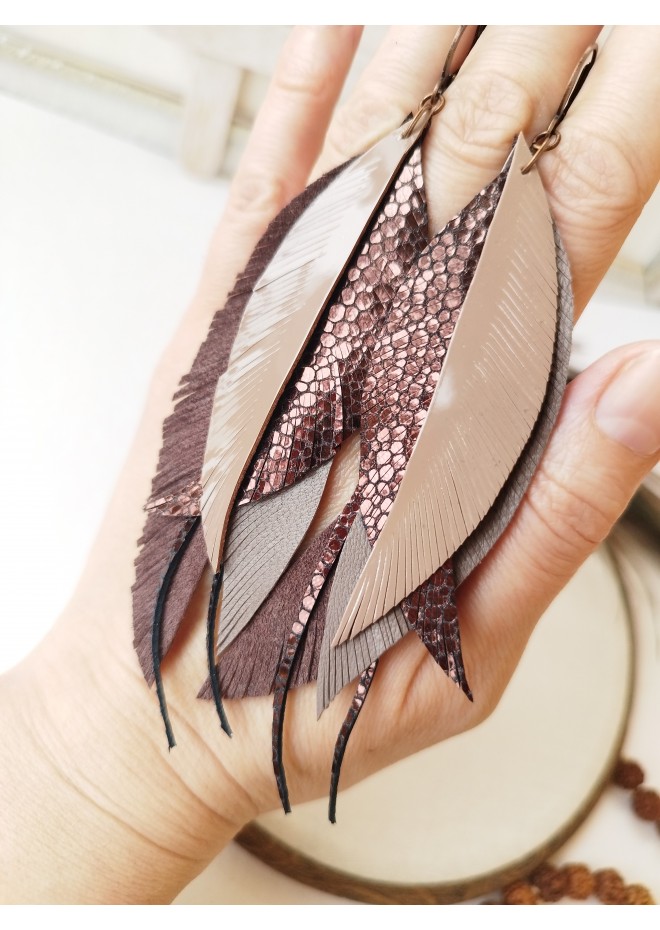 long leather feather earrings genuine leather jewelry 