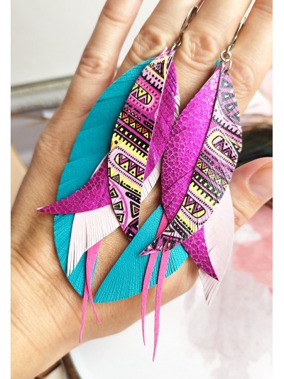 Tribal bright leather feather earrings.  
