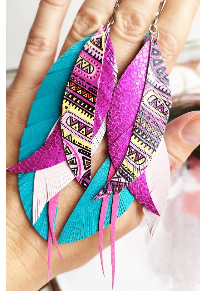 long leather feather earrings genuine leather jewelry 