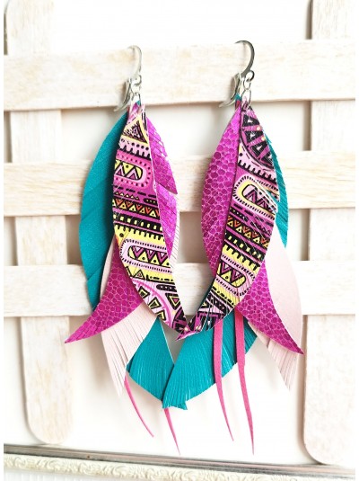 Tribal bright leather feather earrings.  