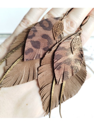 Brown gold long feathers earrings genuine leather jewelry 